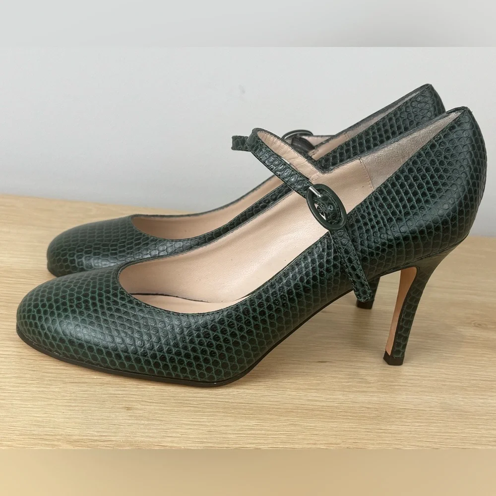 Vintage Daniele Ancarani Green Snake Embossed Heels Strap Buckle 38.5 Women's 8 - Picture 2 of 13